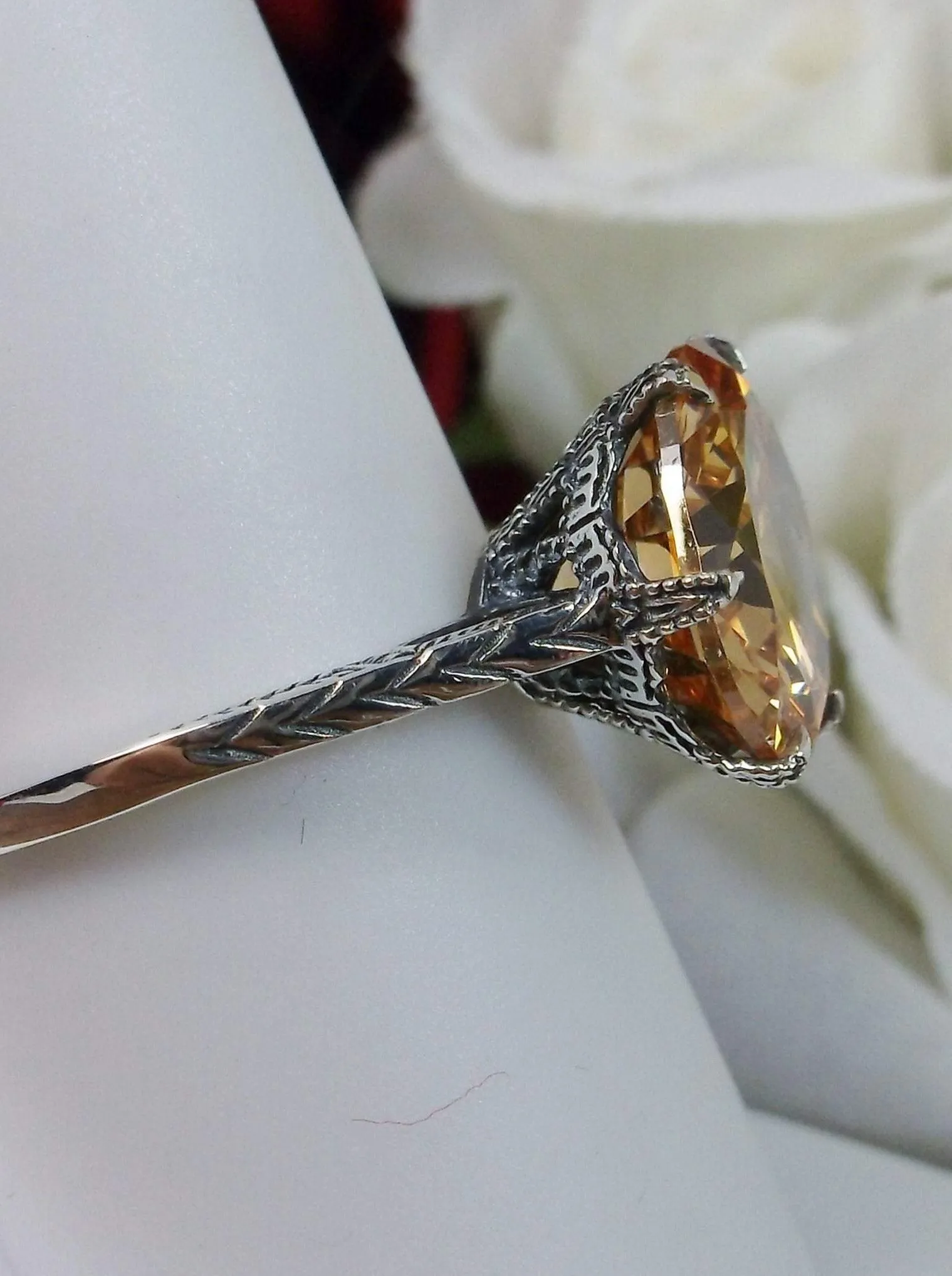 Classic Ring, Peach CZ Solitaire, Victorian Jewelry #D37
