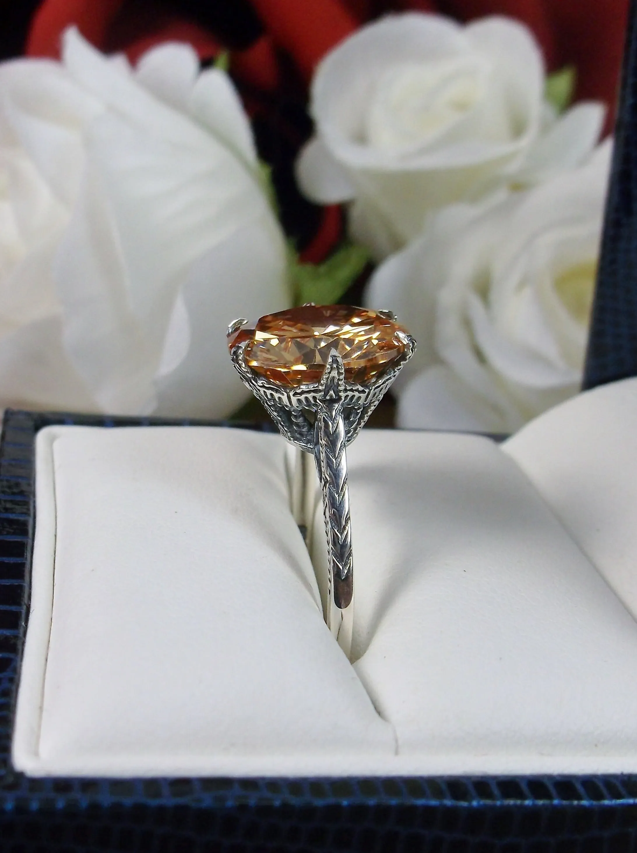 Classic Ring, Peach CZ Solitaire, Victorian Jewelry #D37