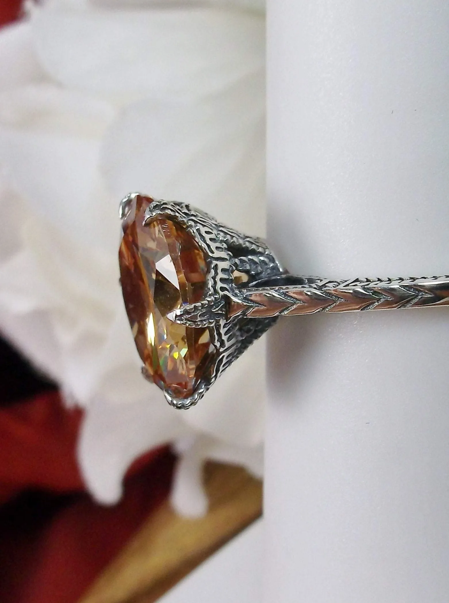 Classic Ring, Peach CZ Solitaire, Victorian Jewelry #D37