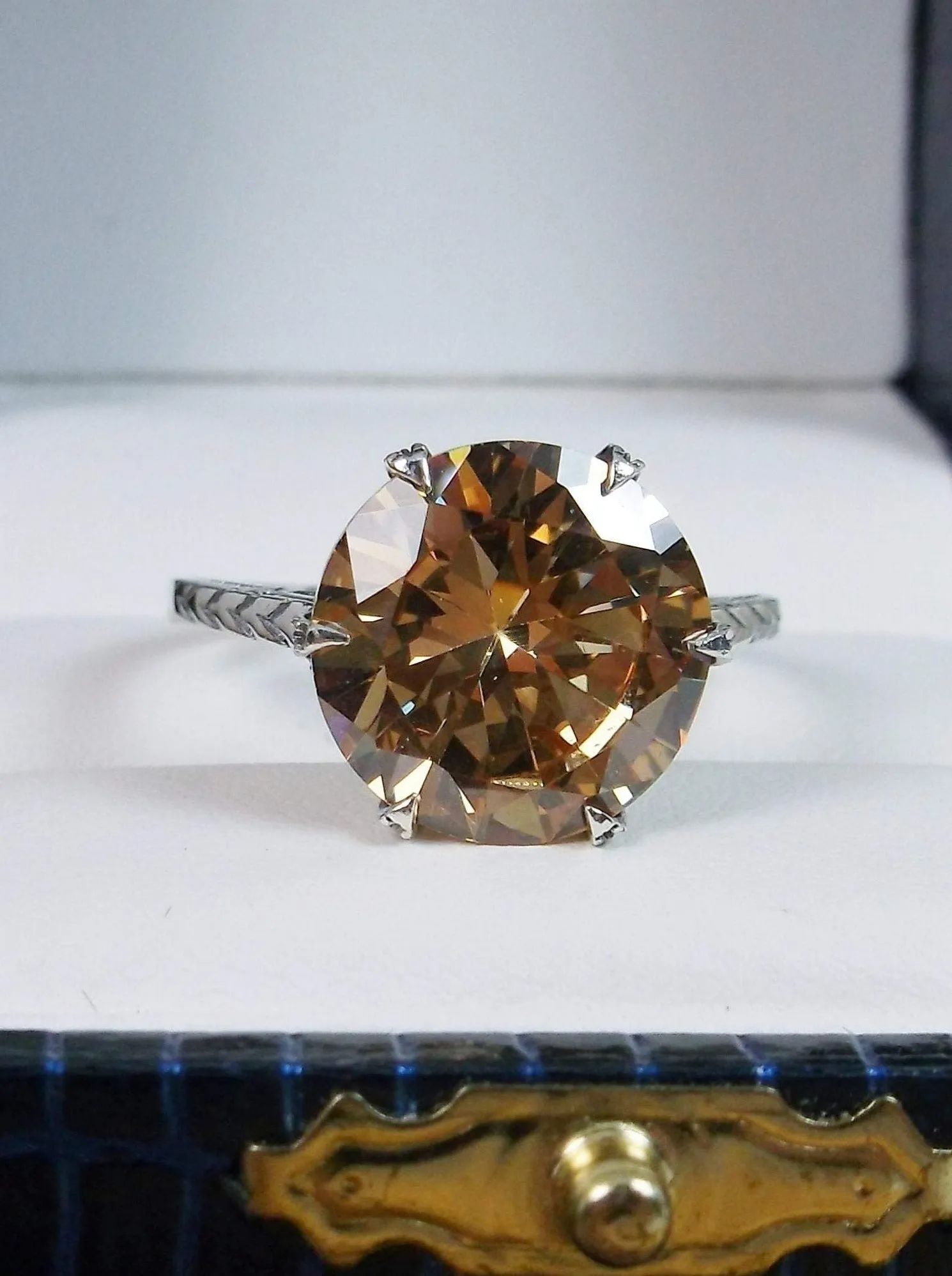 Classic Ring, Peach CZ Solitaire, Victorian Jewelry #D37