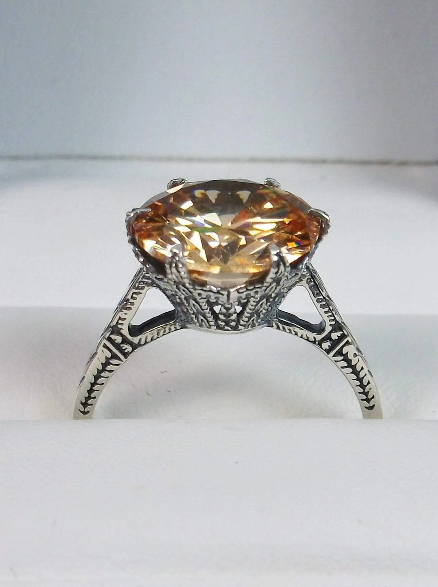 Classic Ring, Peach CZ Solitaire, Victorian Jewelry #D37