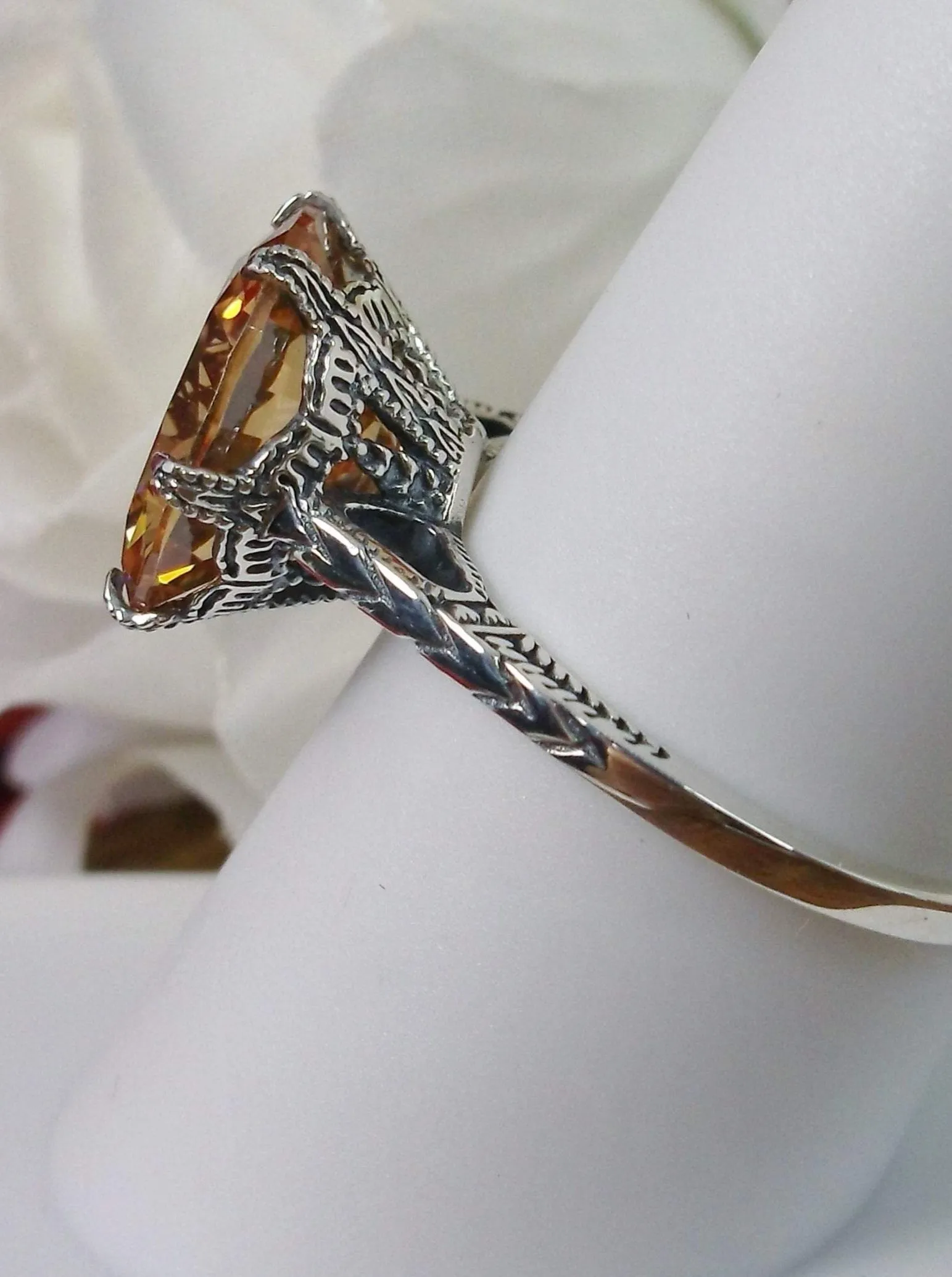 Classic Ring, Peach CZ Solitaire, Victorian Jewelry #D37