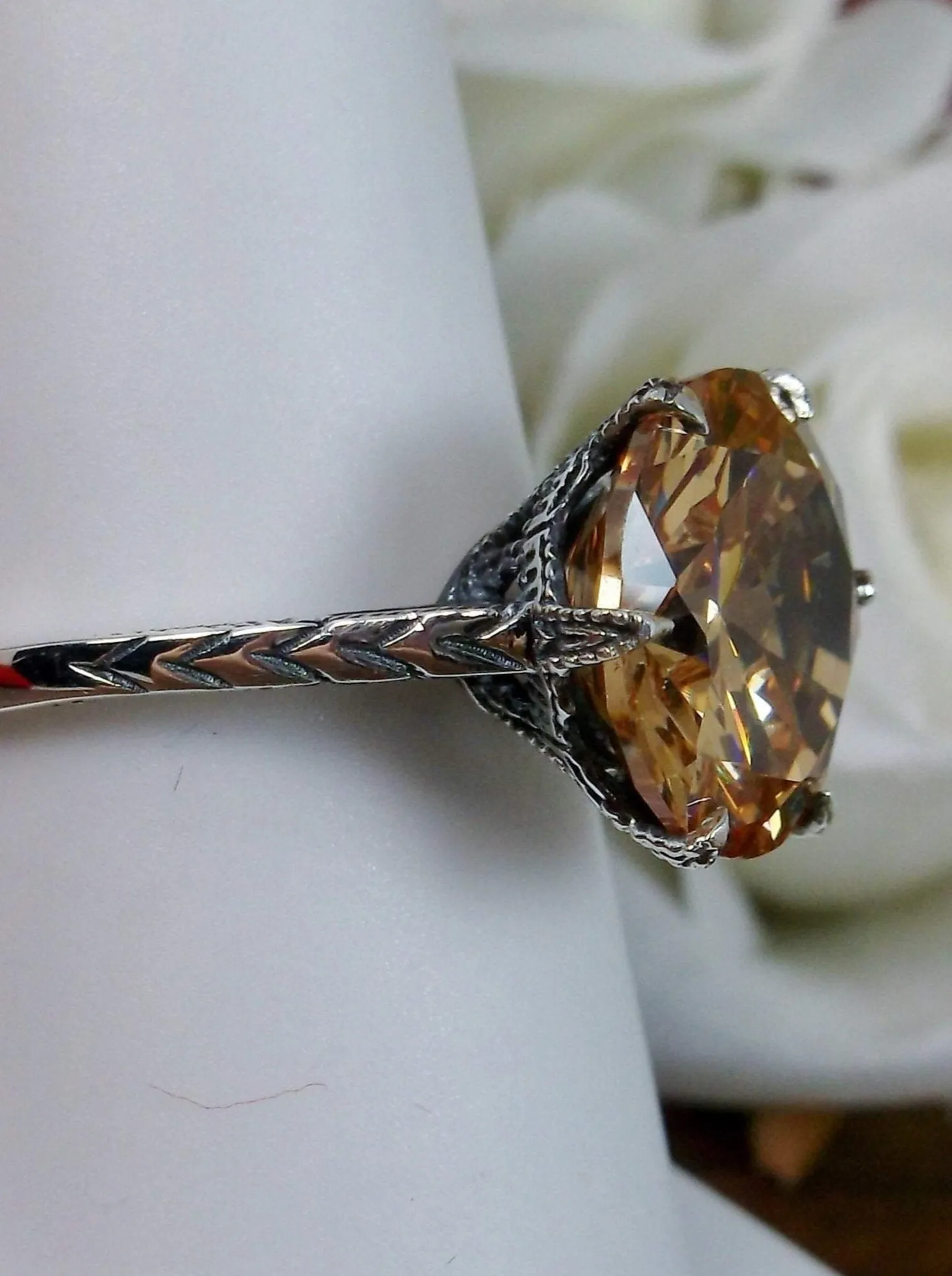 Classic Ring, Peach CZ Solitaire, Victorian Jewelry #D37
