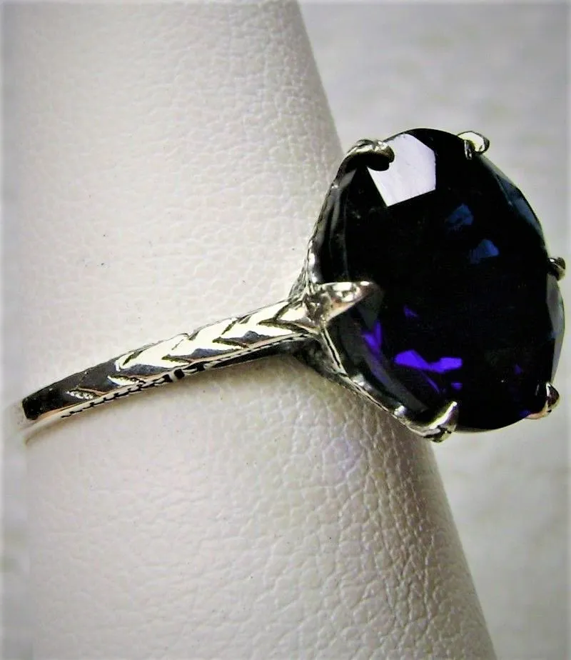 Classic Ring, Sapphire Blue Solitaire, Victorian Reproduction Jewelry #D37
