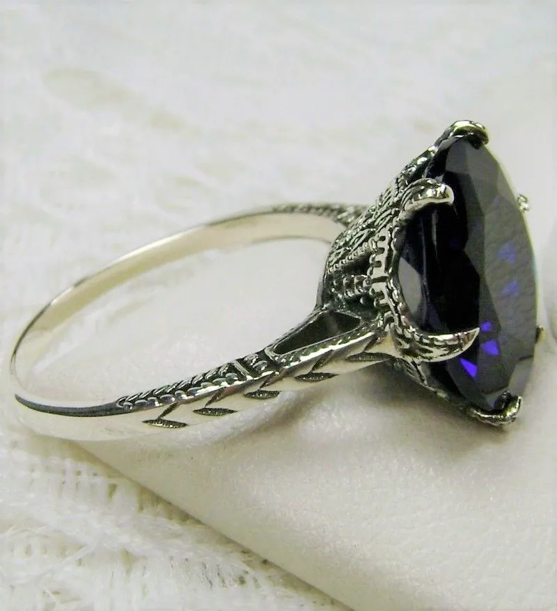 Classic Ring, Sapphire Blue Solitaire, Victorian Reproduction Jewelry #D37