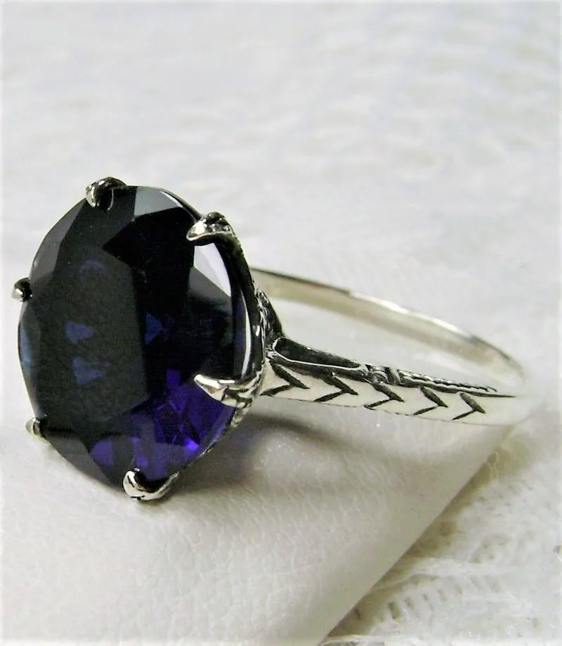 Classic Ring, Sapphire Blue Solitaire, Victorian Reproduction Jewelry #D37
