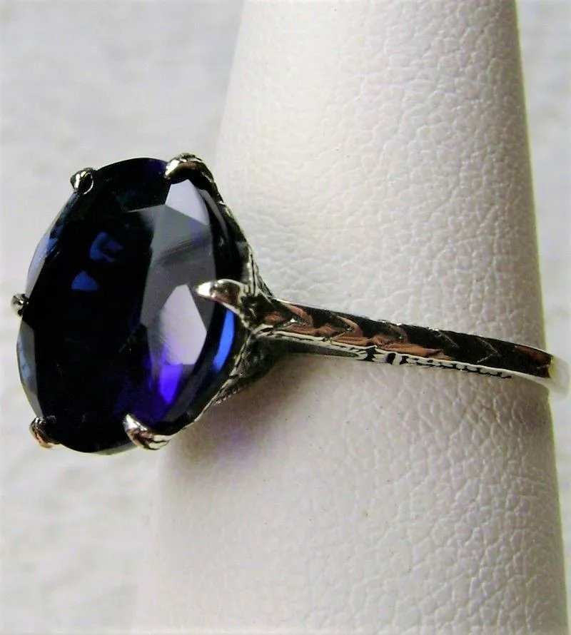 Classic Ring, Sapphire Blue Solitaire, Victorian Reproduction Jewelry #D37