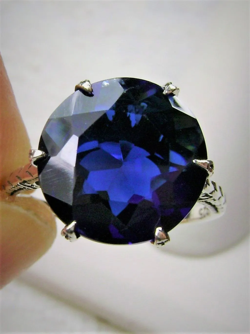 Classic Ring, Sapphire Blue Solitaire, Victorian Reproduction Jewelry #D37