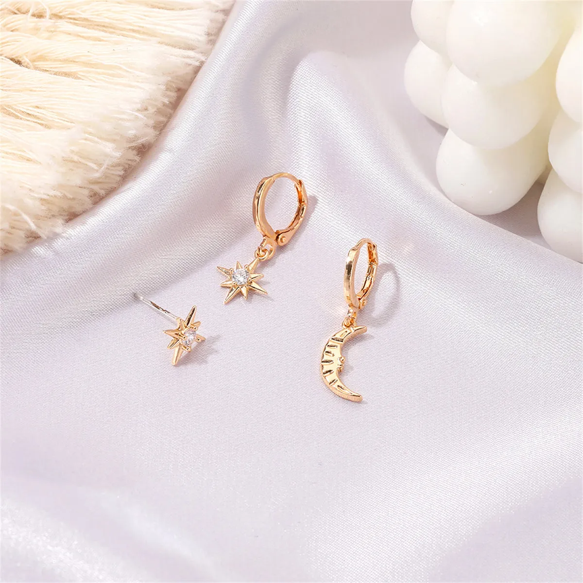 Clear Cubic Zirconia & 18K Gold-Plated Star Moon Three-Piece Huggie Earring Set