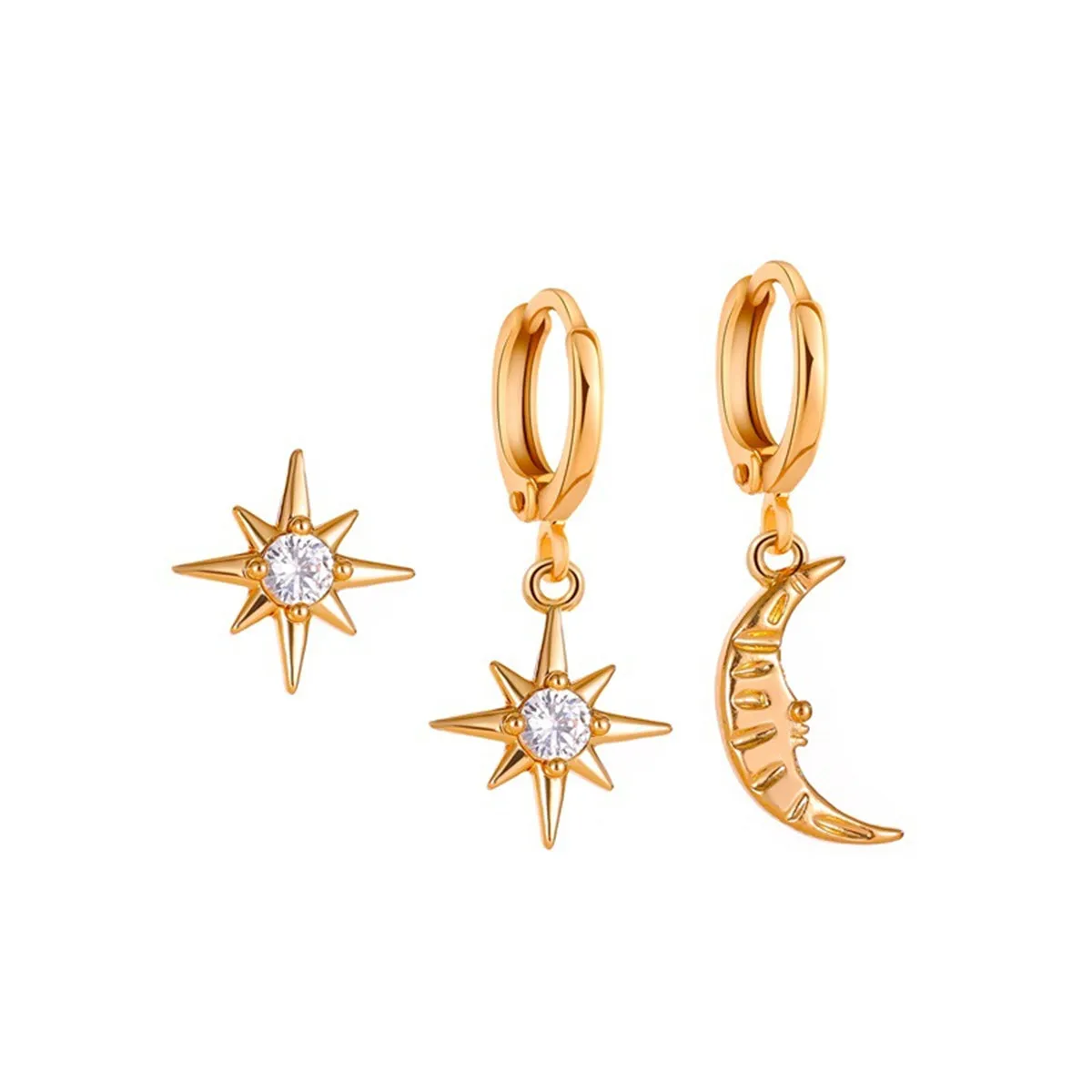 Clear Cubic Zirconia & 18K Gold-Plated Star Moon Three-Piece Huggie Earring Set