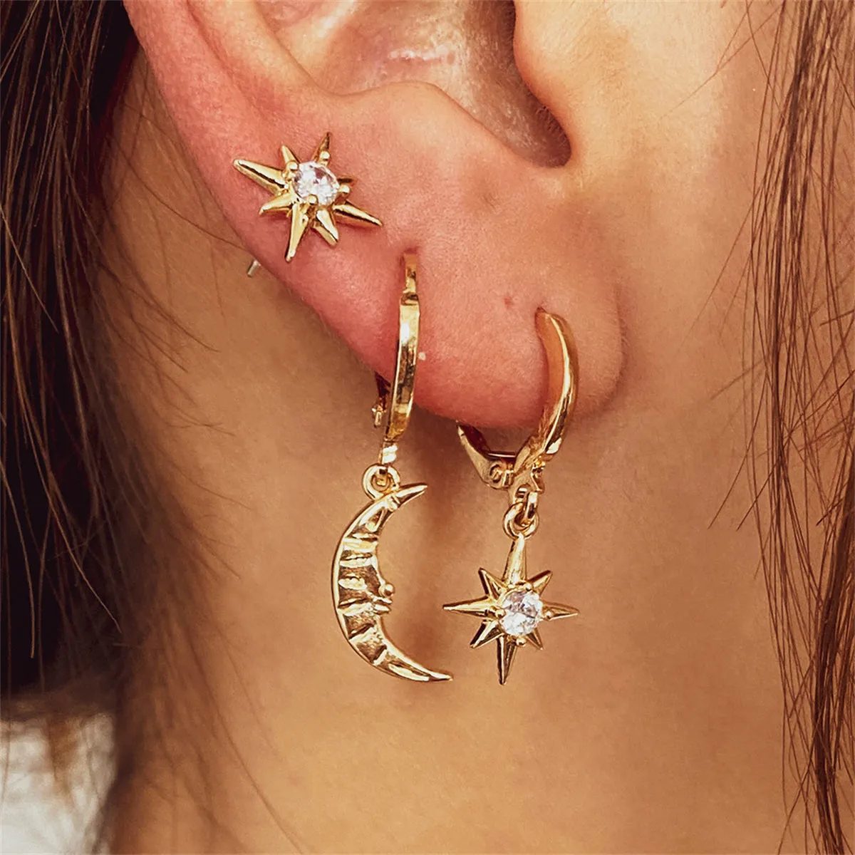 Clear Cubic Zirconia & 18K Gold-Plated Star Moon Three-Piece Huggie Earring Set
