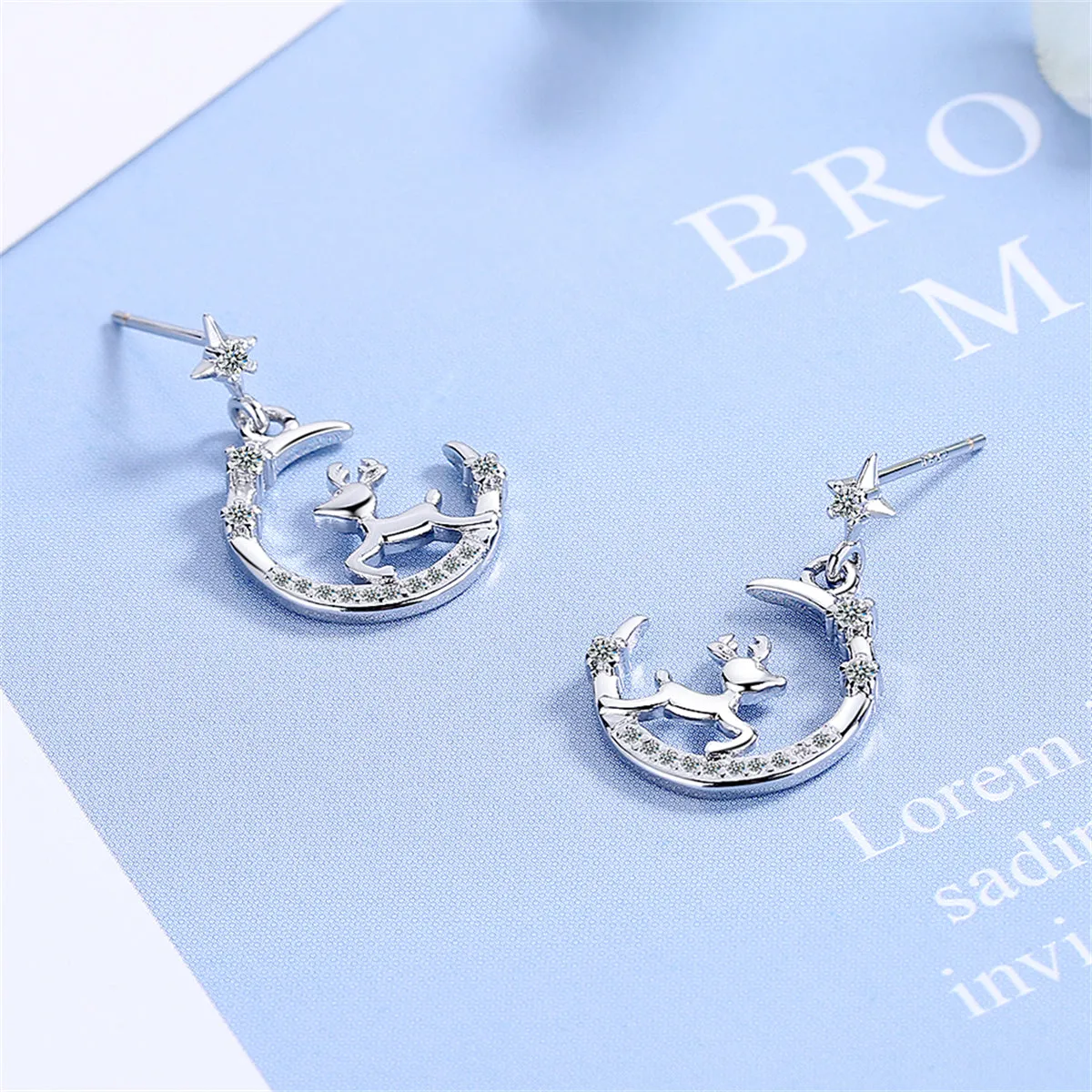 Clear Cubic Zirconia & Silver-Plated Reindeer Moon Drop Earrings