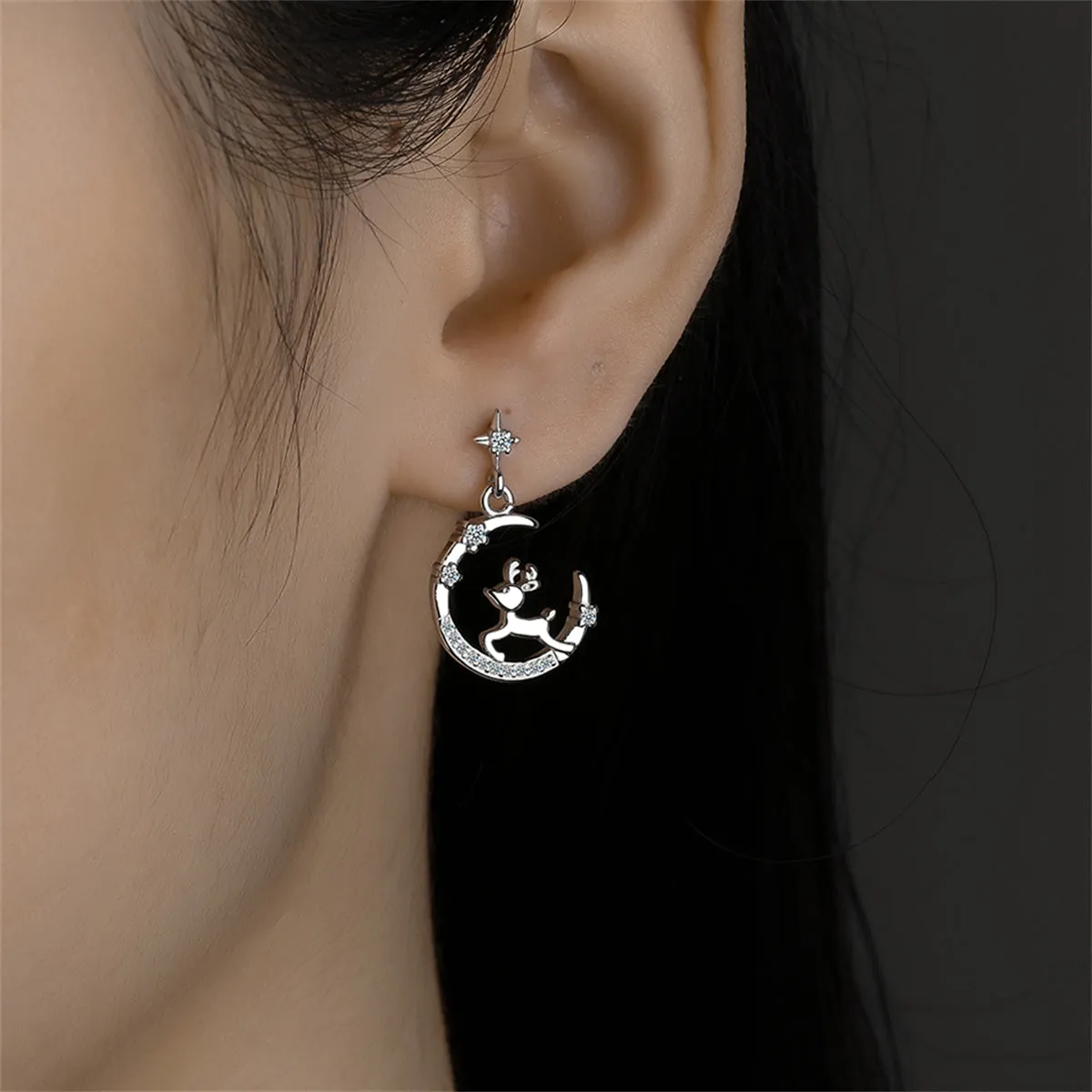 Clear Cubic Zirconia & Silver-Plated Reindeer Moon Drop Earrings