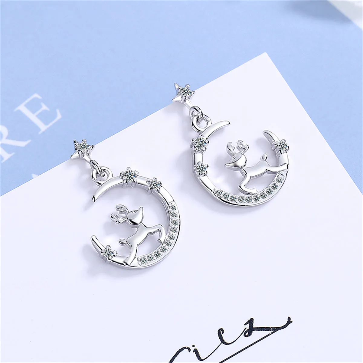 Clear Cubic Zirconia & Silver-Plated Reindeer Moon Drop Earrings