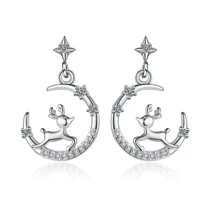 Clear Cubic Zirconia & Silver-Plated Reindeer Moon Drop Earrings