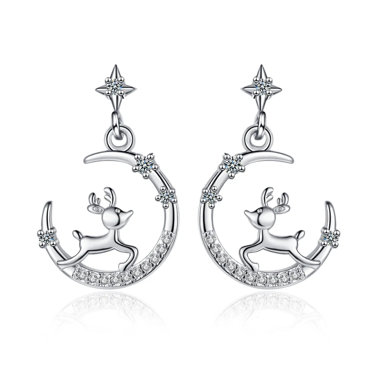 Clear Cubic Zirconia & Silver-Plated Reindeer Moon Drop Earrings