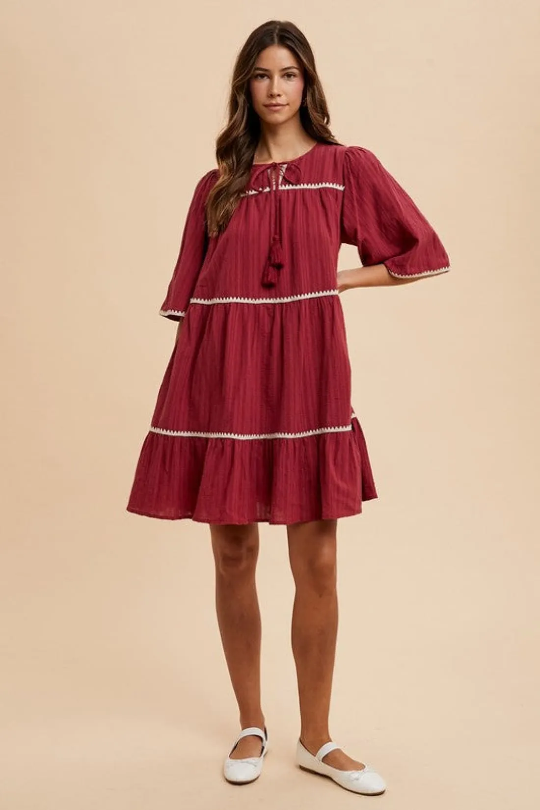 Contrast Trim Tiered Dress in Burgundy