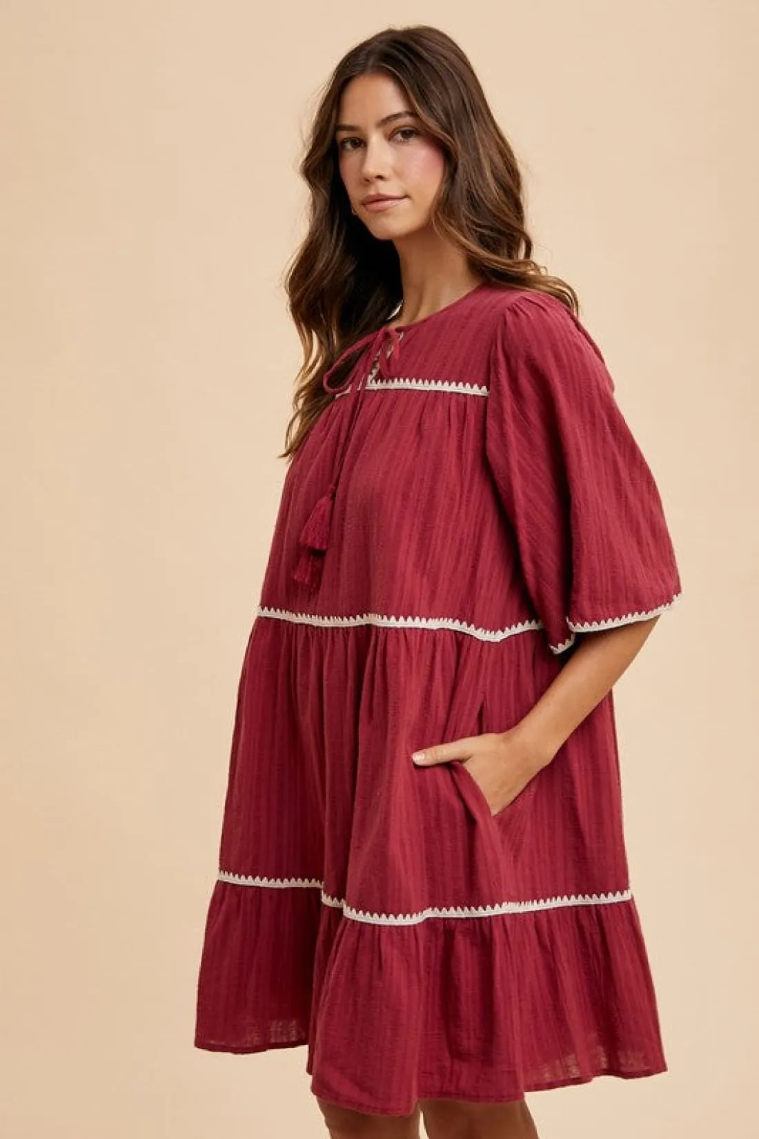 Contrast Trim Tiered Dress in Burgundy