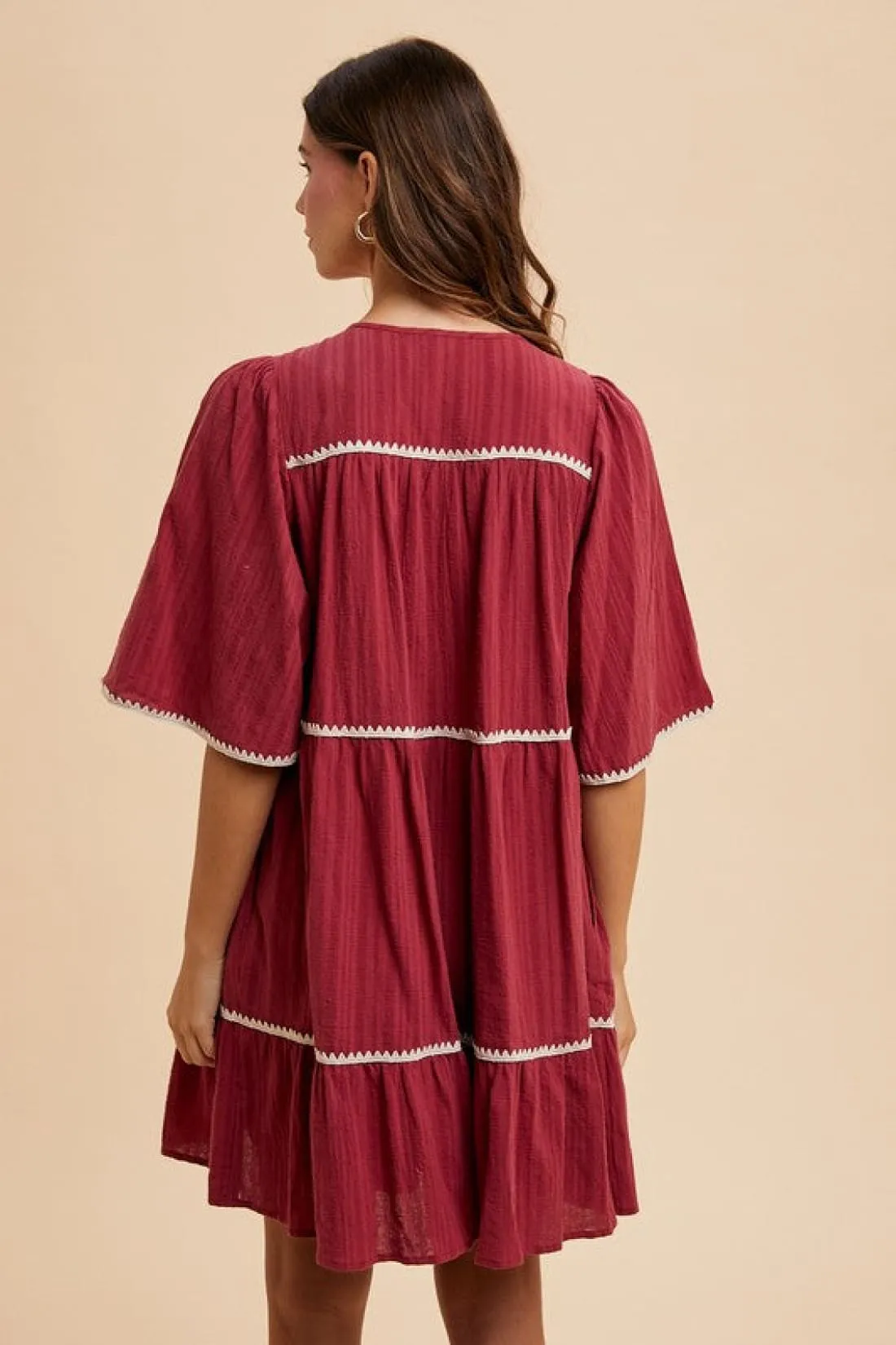Contrast Trim Tiered Dress in Burgundy