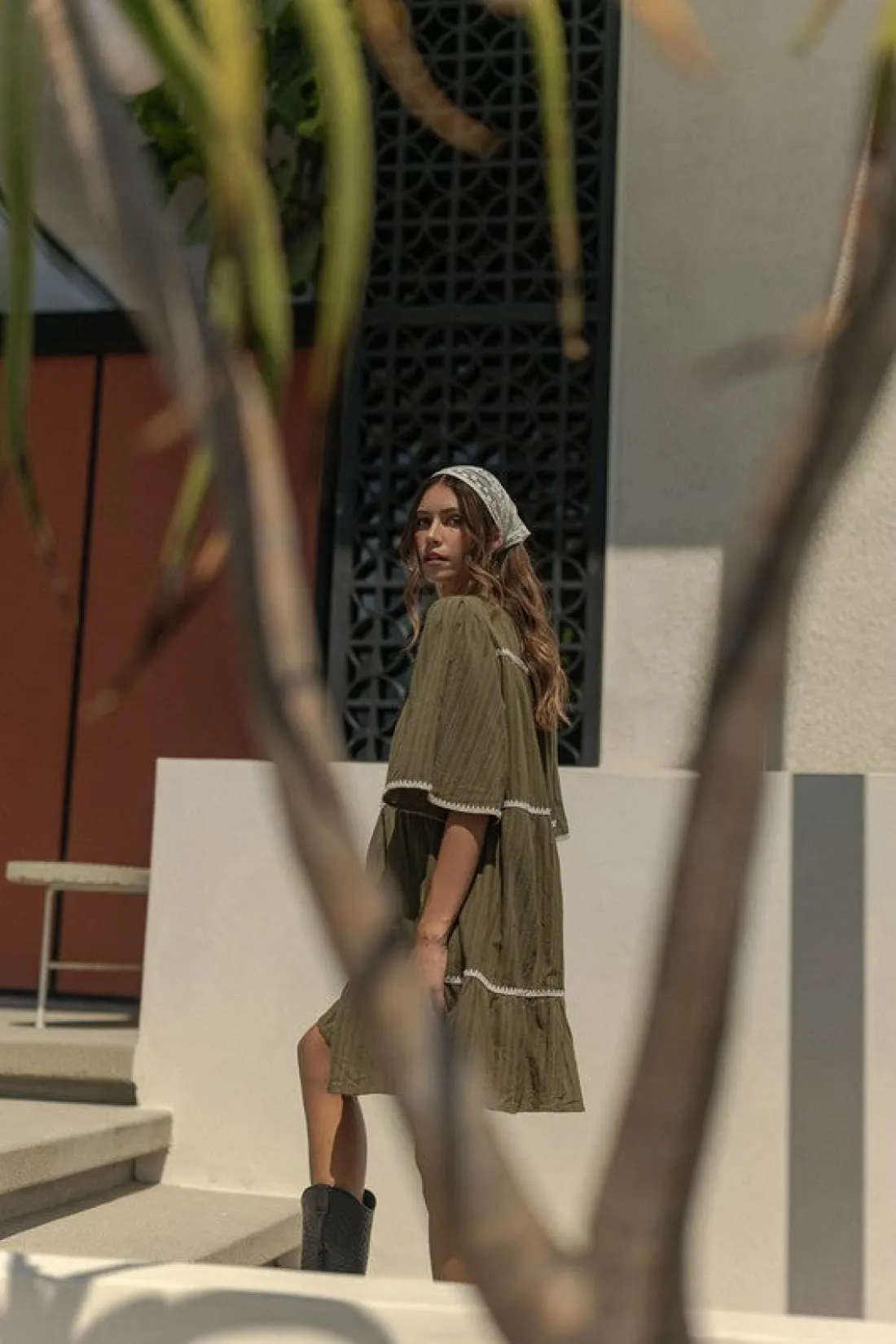 Contrast Trim Tiered Dress in Olive
