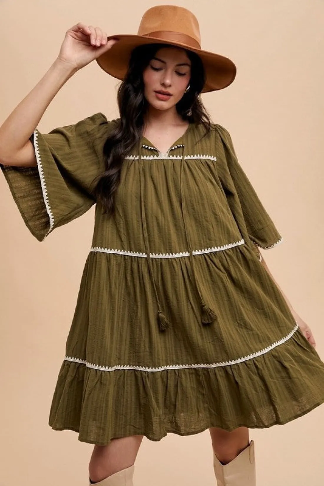 Contrast Trim Tiered Dress in Olive