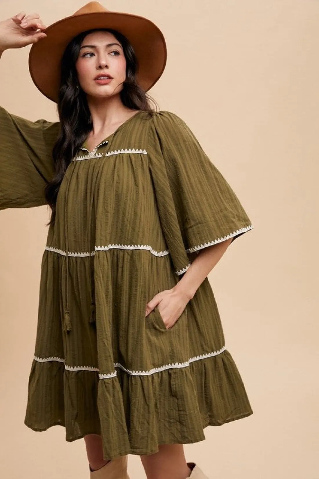 Contrast Trim Tiered Dress in Olive