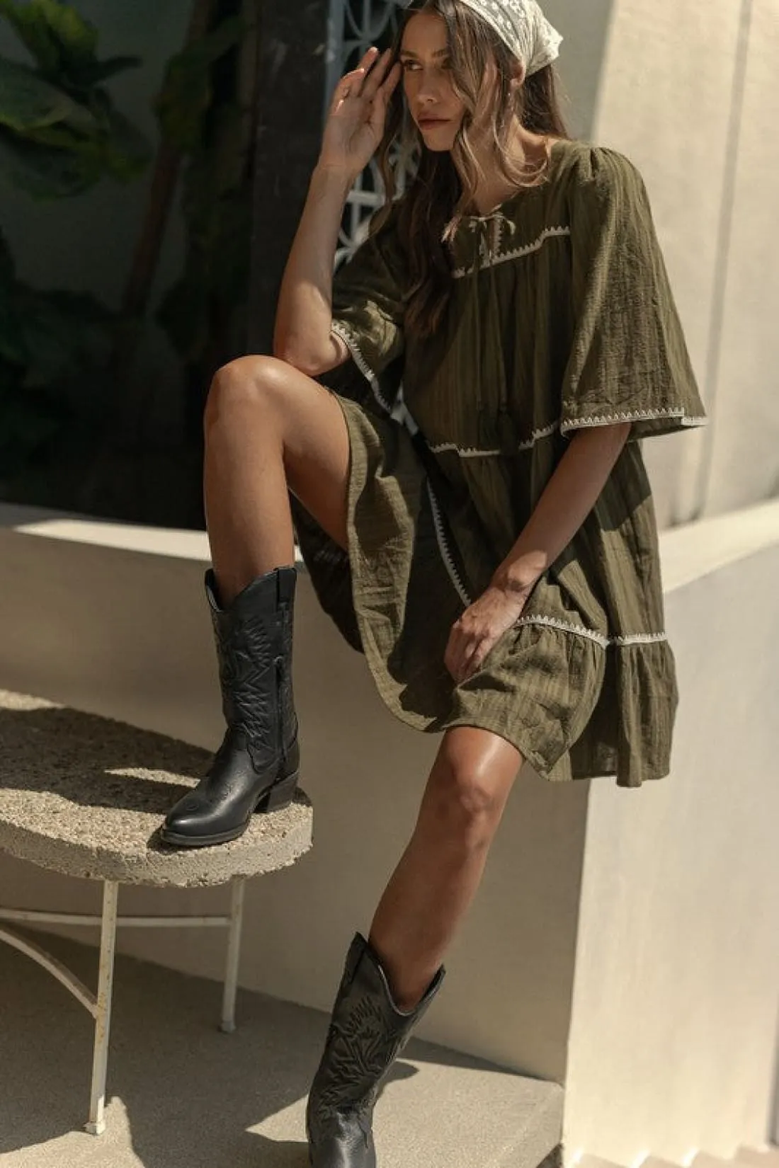 Contrast Trim Tiered Dress in Olive