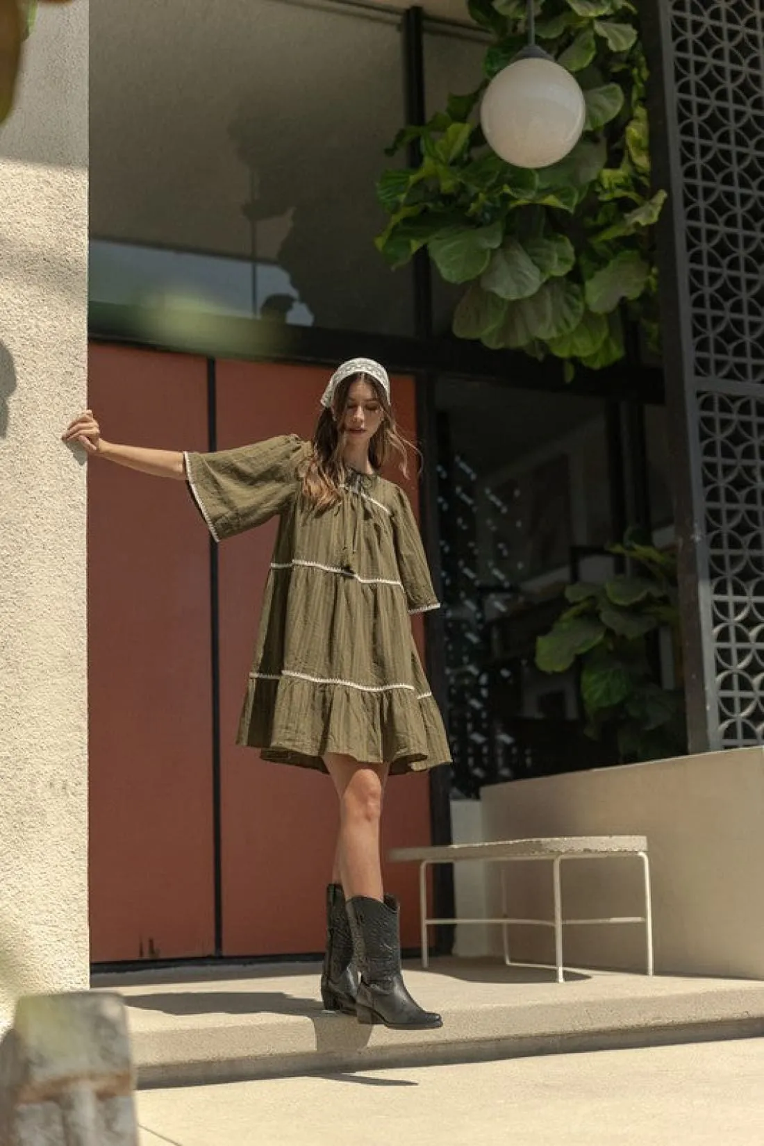 Contrast Trim Tiered Dress in Olive