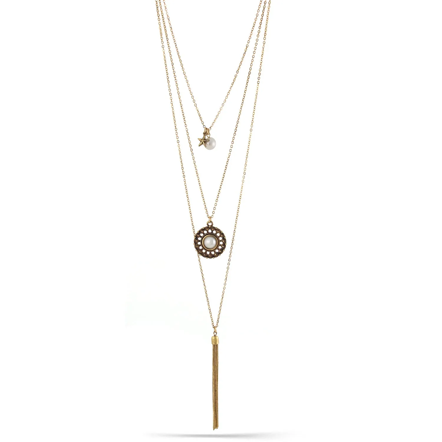 CREAM PEARL AND GOLD LAYERED TASSEL NECKLACES #HNN85577 (RC13)
