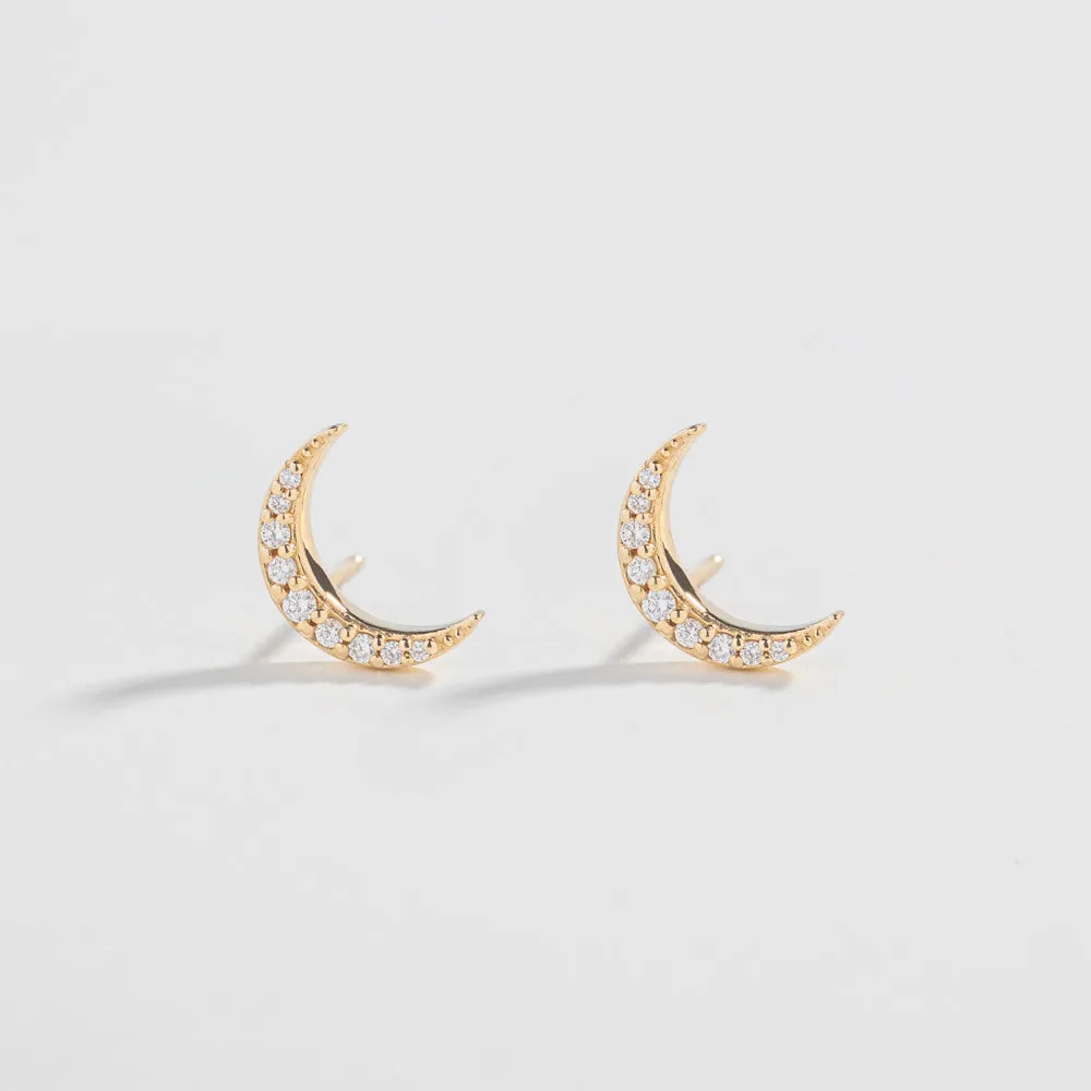 CRESCENT MOON PAVÉ STUDS | 14K GOLD & WHITE DIAMONDS