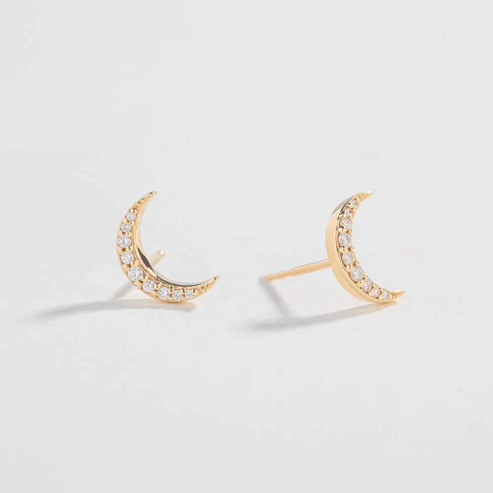 CRESCENT MOON PAVÉ STUDS | 14K GOLD & WHITE DIAMONDS