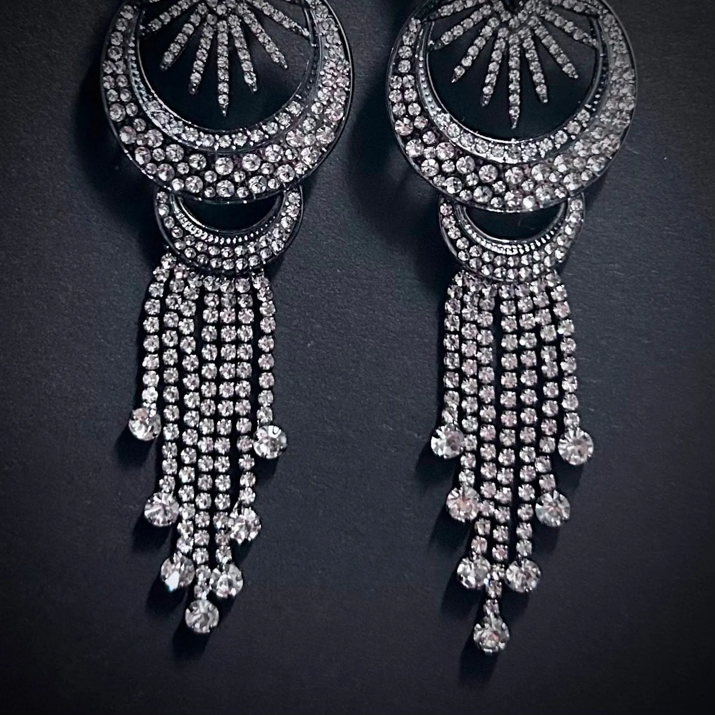 Cresent Moon & Stars Rhinestone Silver Statement Earrings