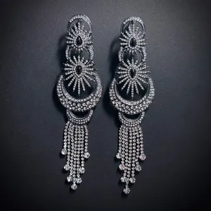 Cresent Moon & Stars Rhinestone Silver Statement Earrings