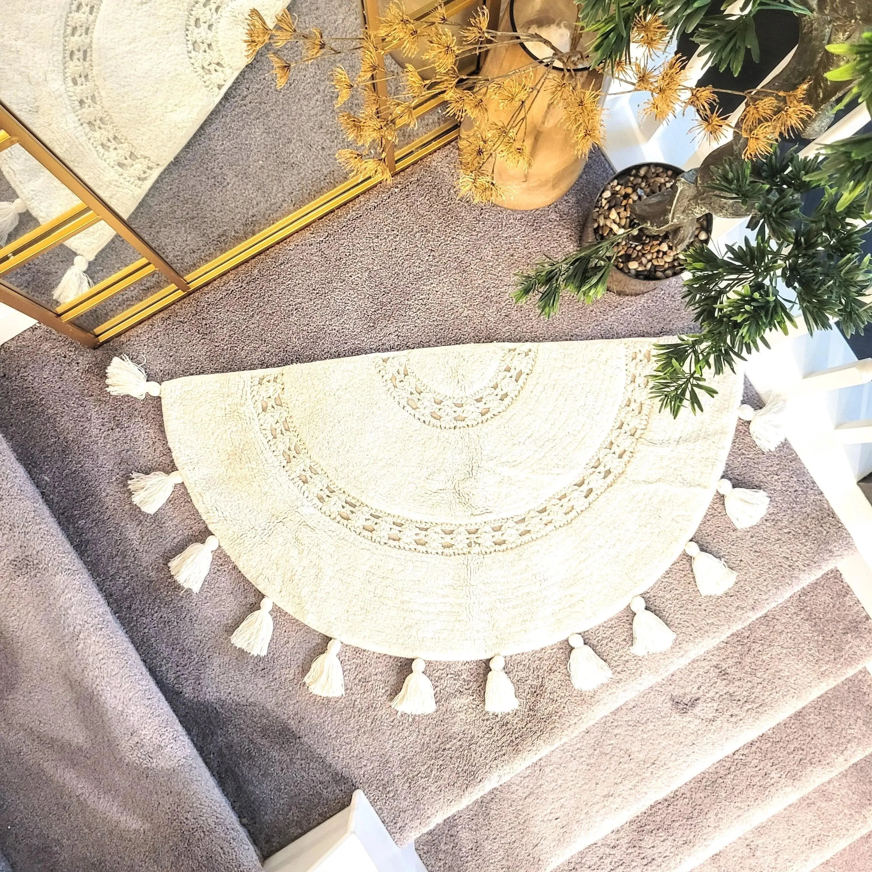 Crocheted Half Moon Bathroom Rug with Tassels