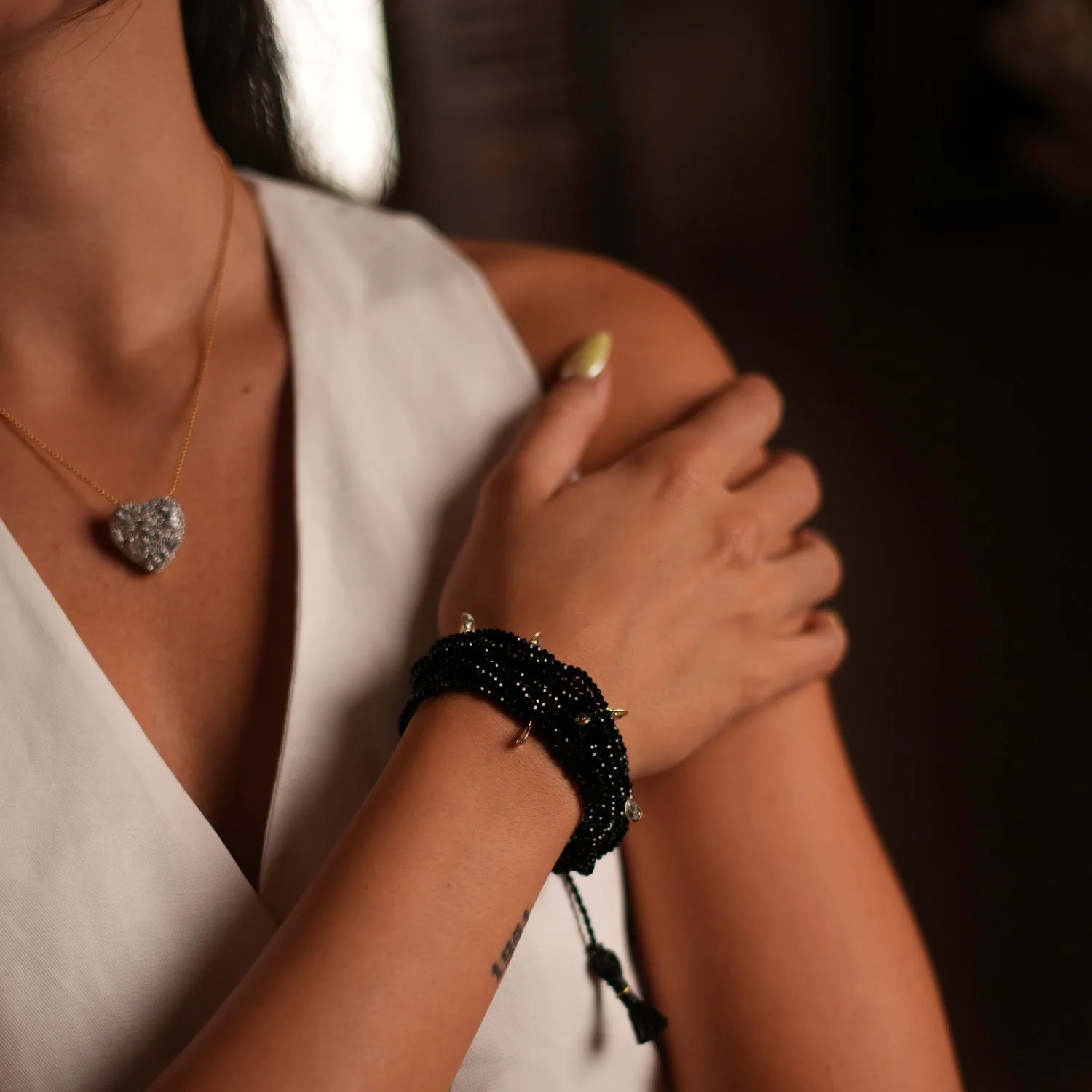 Crystal & Diamond Multi Strand Black Adjustable Bracelet