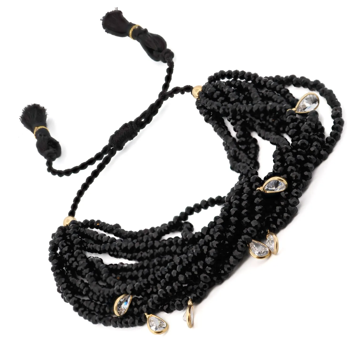 Crystal & Diamond Multi Strand Black Adjustable Bracelet