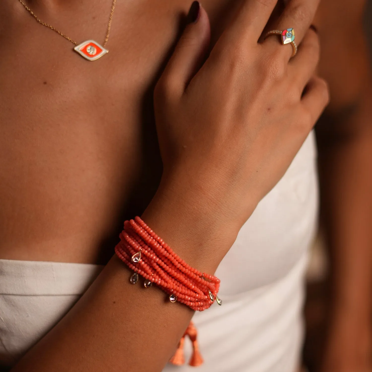Crystal & Diamond Multi Strand Orange Adjustable Bracelet