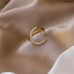 Cubic Zirconia & 18K Gold-Plated Moon Star Open Ring