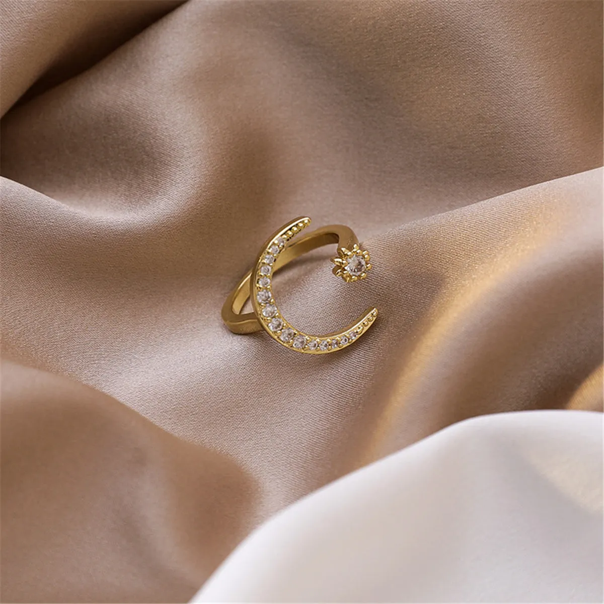 Cubic Zirconia & 18K Gold-Plated Moon Star Open Ring