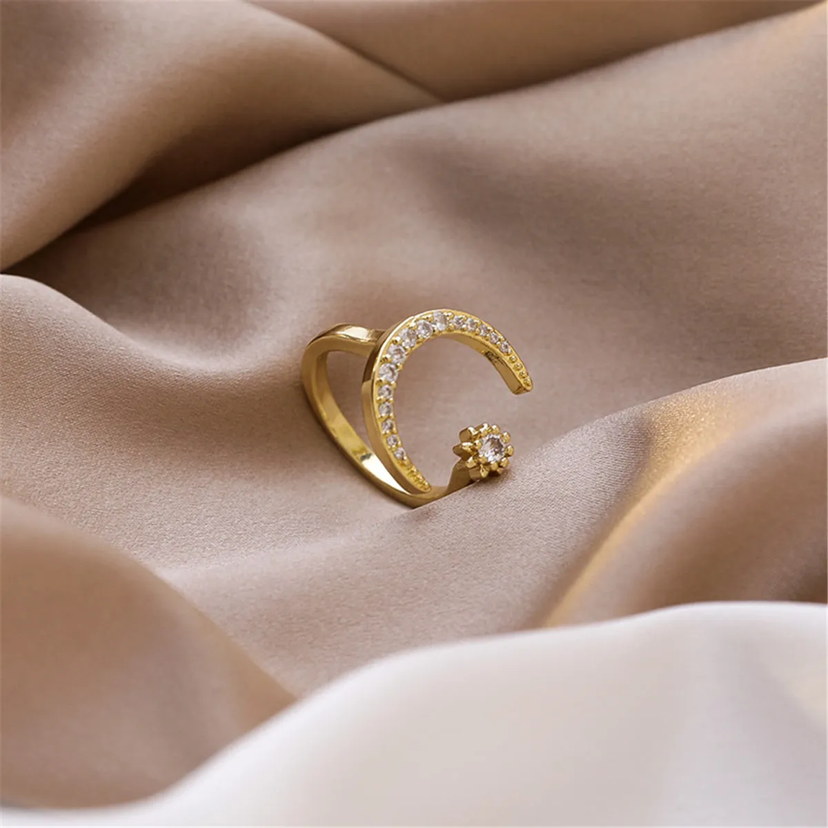 Cubic Zirconia & 18K Gold-Plated Moon Star Open Ring