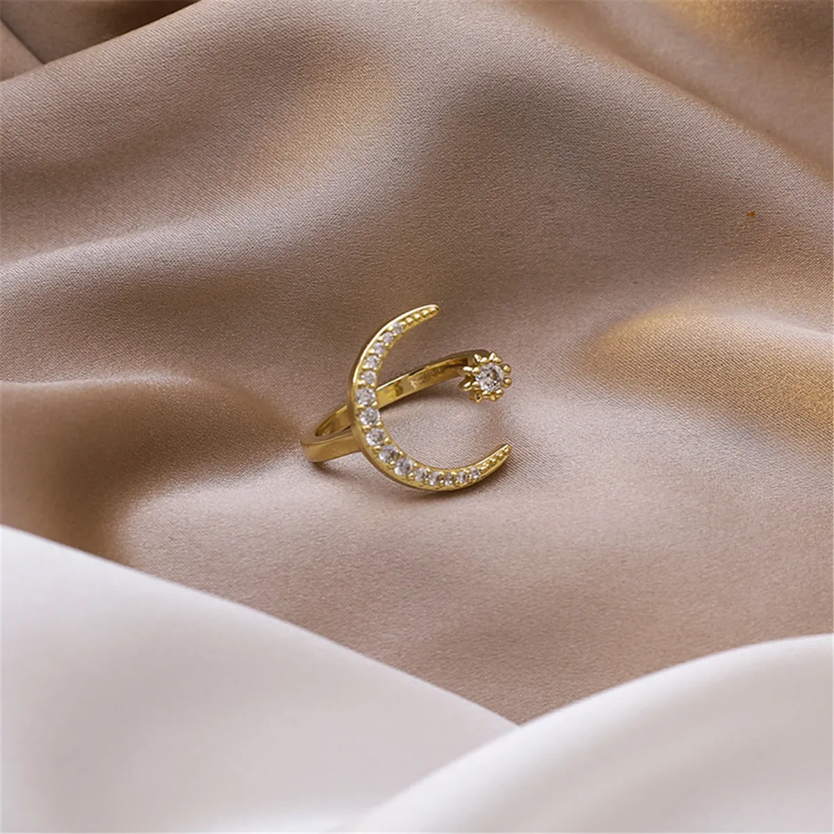 Cubic Zirconia & 18K Gold-Plated Moon Star Open Ring