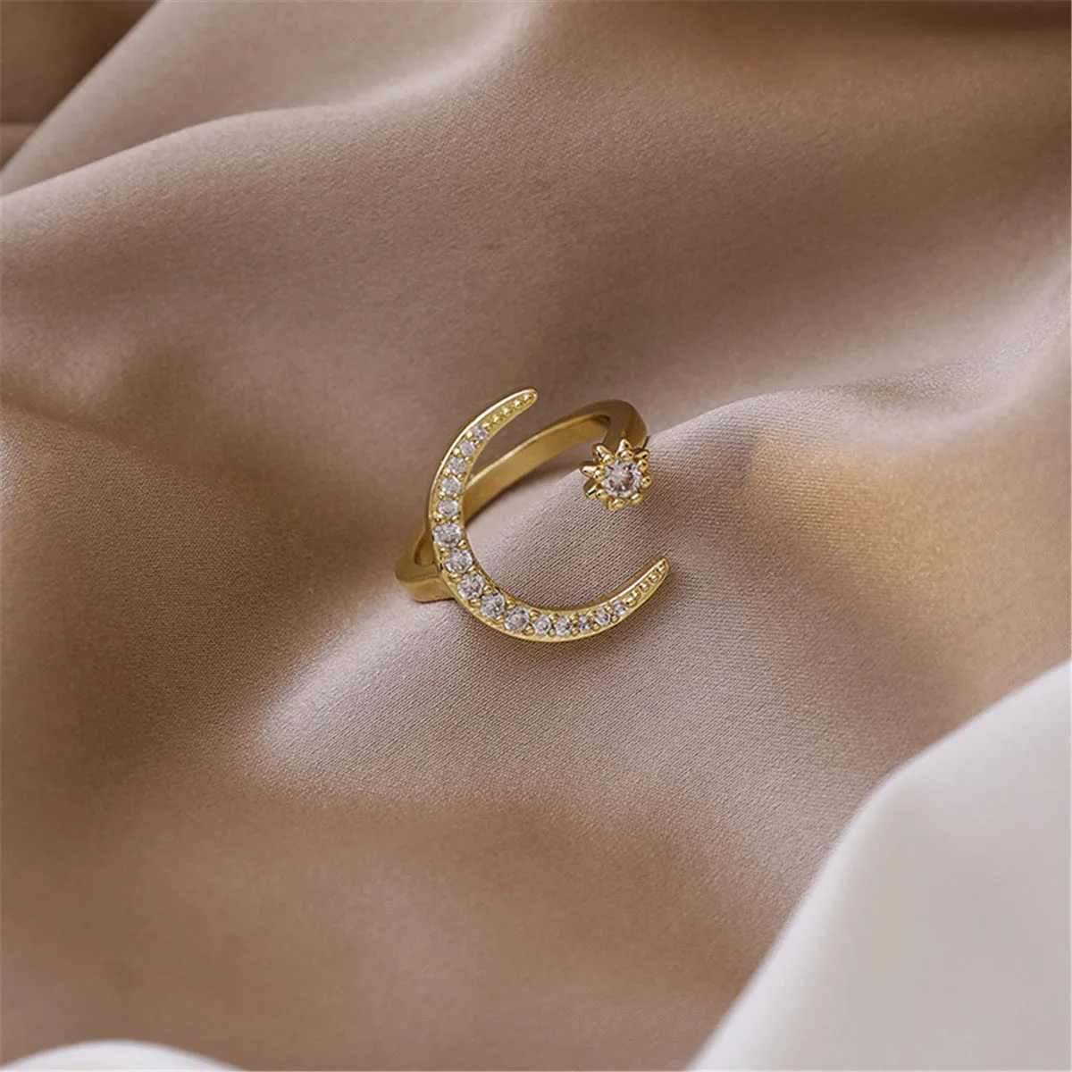 Cubic Zirconia & 18K Gold-Plated Moon Star Open Ring