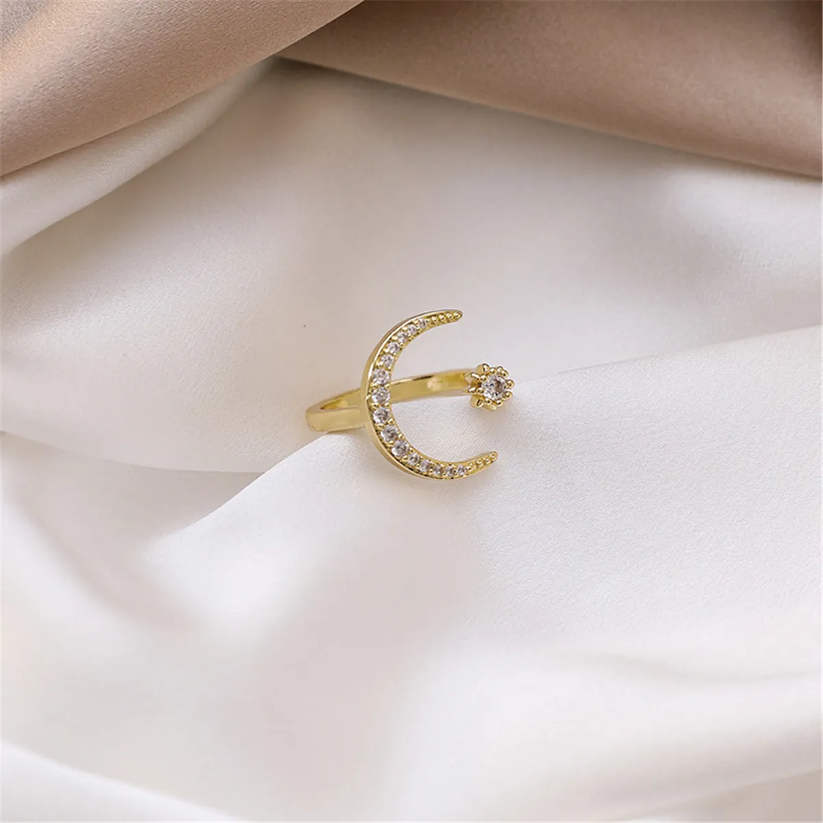 Cubic Zirconia & 18K Gold-Plated Moon Star Open Ring