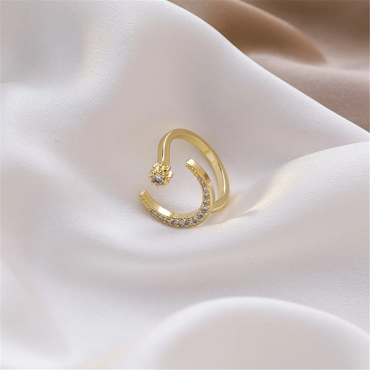 Cubic Zirconia & 18K Gold-Plated Moon Star Open Ring