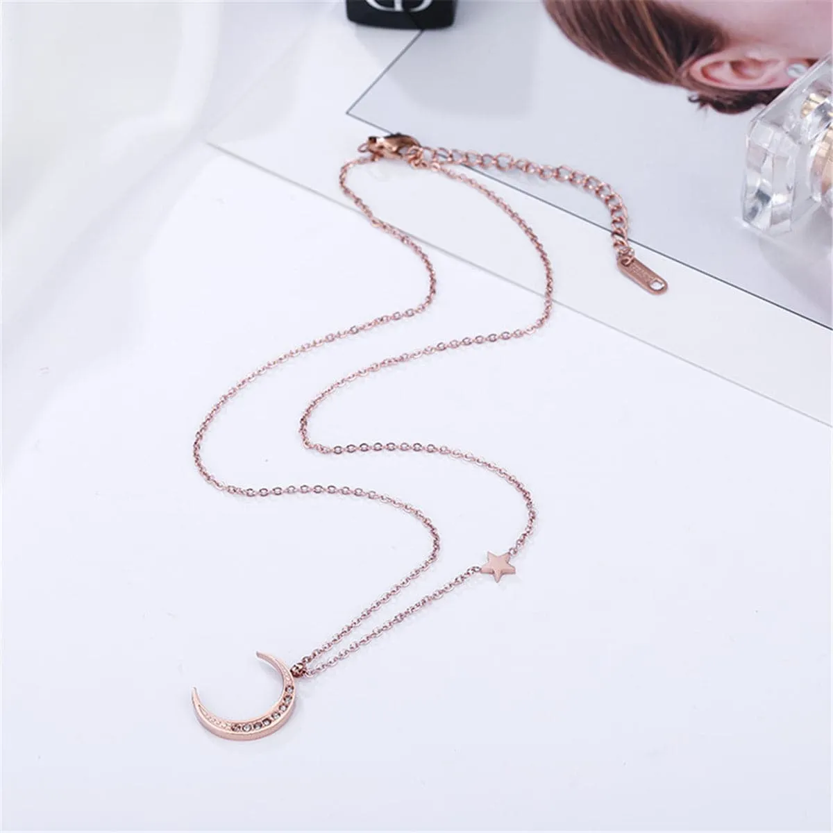 Cubic Zirconia & 18K Rose Gold-Plated Crescent Moon Pendant Necklace