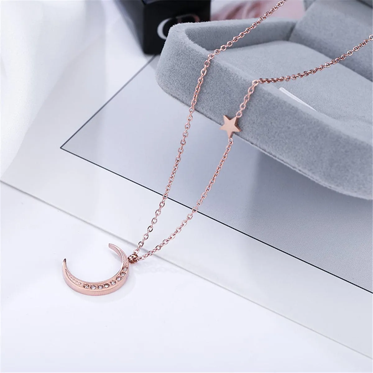 Cubic Zirconia & 18K Rose Gold-Plated Crescent Moon Pendant Necklace