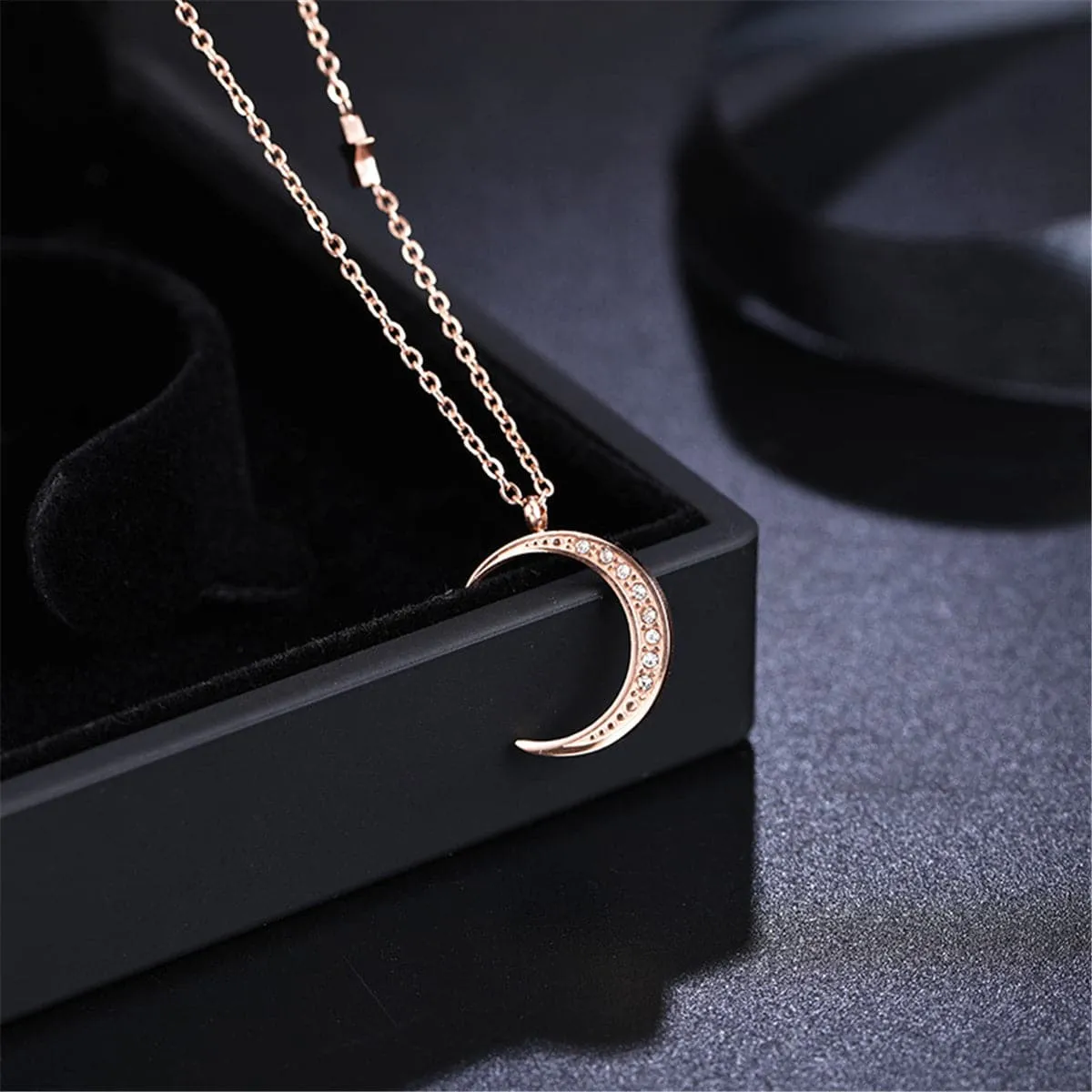 Cubic Zirconia & 18K Rose Gold-Plated Crescent Moon Pendant Necklace