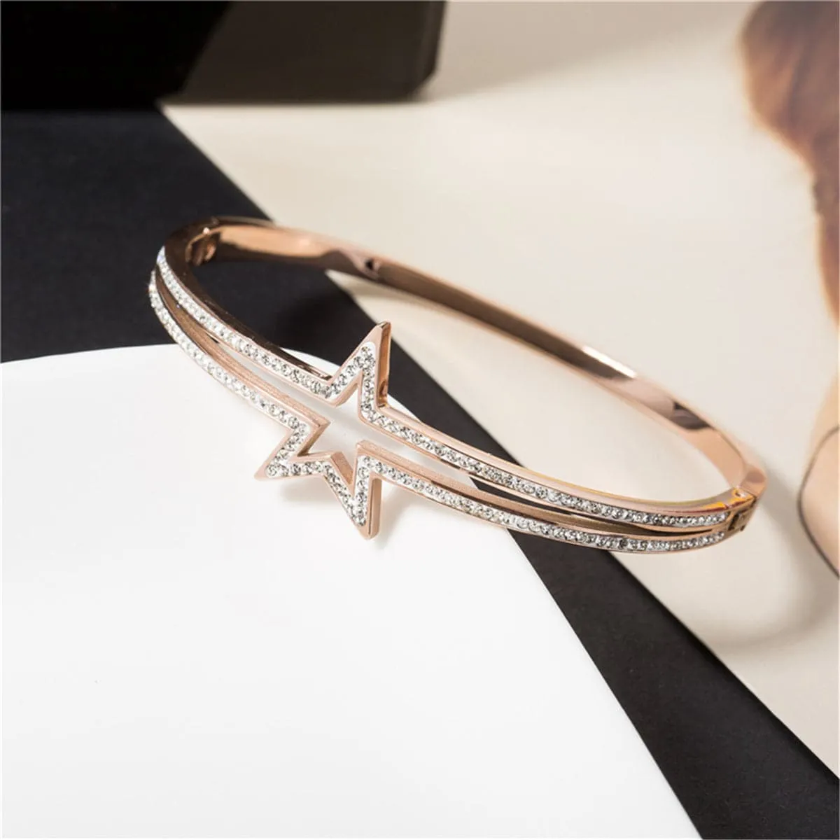 Cubic Zirconia & 18K Rose Gold-Plated Openwork Star Bangle