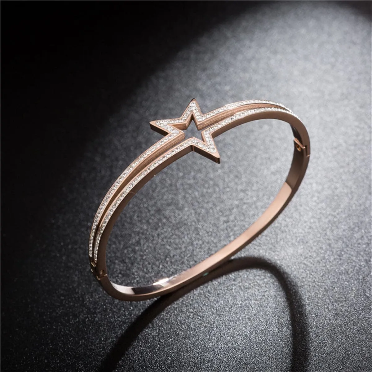 Cubic Zirconia & 18K Rose Gold-Plated Openwork Star Bangle