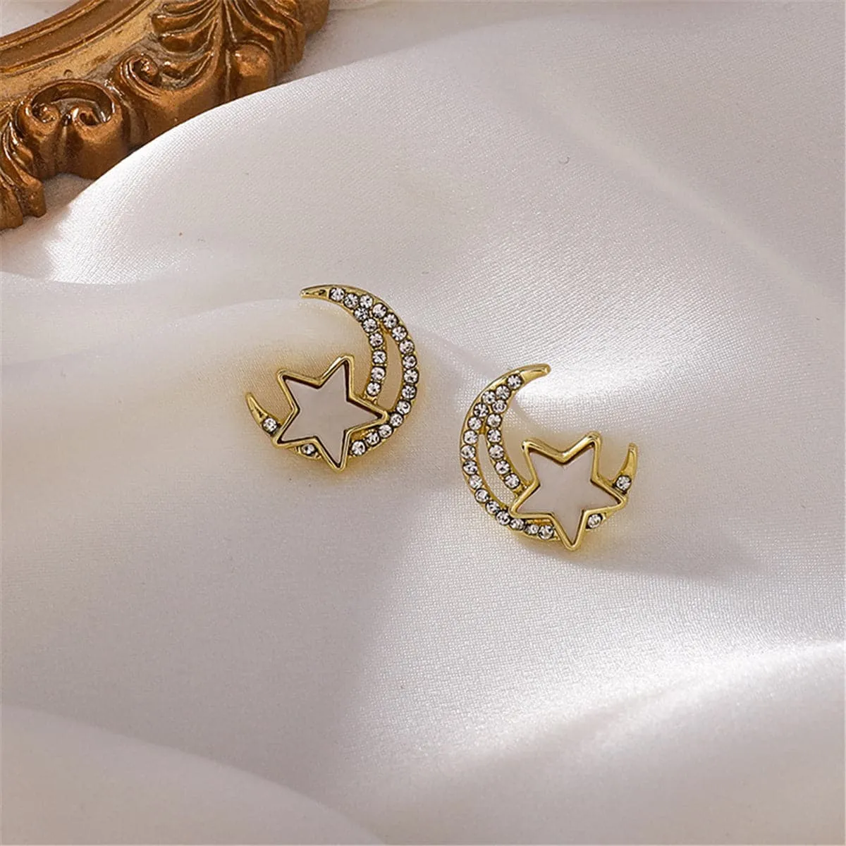 Cubic Zirconia & Acrylic Star Moon Stud Earrings